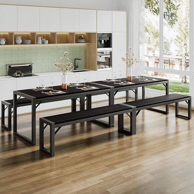 SHA CERLIN Kitchen Dining Table Set for 4 with Benches, Rustic Small Space Saving Dinette, Heavy Duty Metal Frame
