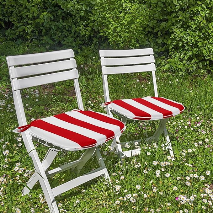 SleepMan Outdoor 17"x16" Chair Cushions with Ties Set of 2, Water Resistant All Weather U-Shape Seat Pads for Patio Garden Furniture Indoor Fade Resistant Patio Cushions (Red Stripe)
