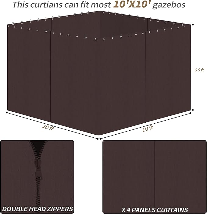 Gazebo Privacy Curtains 10' x 10' with Zipper 4-Panels Side Wall Universal Replacement for Patio, Outdoor Canopy, Garden and Backyard Coffee Brown(Curtain Only)