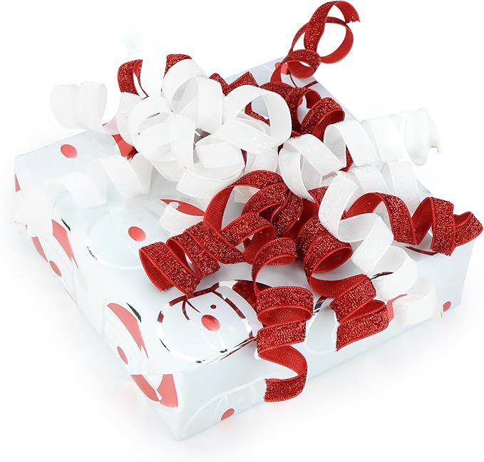 6" Metallic Glitter Red and White Self Adhesive Curly Ribbon Gift Wrap Bows for Christmas, Holiday, Birthday, Wedding, Presents, Party Favors Decorations 6-Count