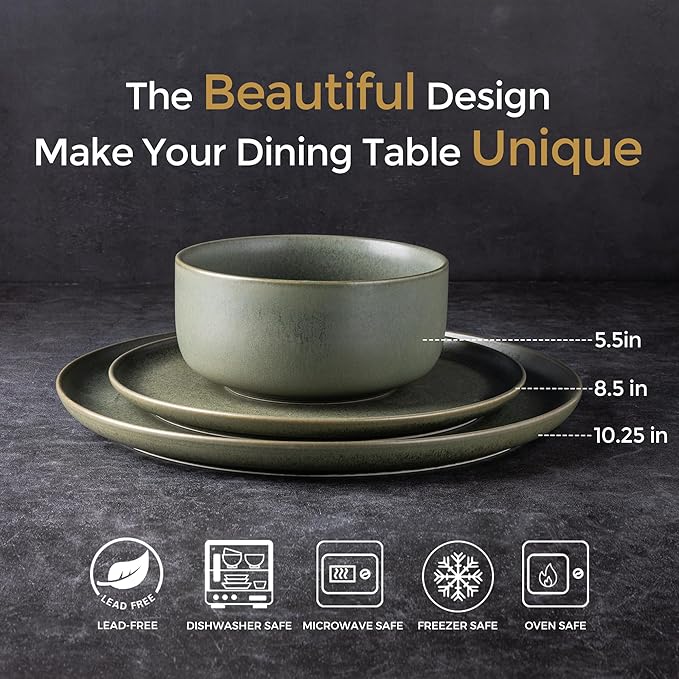 LERATIO Stoneware Dinnerware Sets for 6,Handcarft Ceramic Plates and Bowls Sets,Chip and Scratch Resistant Dishes, Dishwasher & Microwave Safe, Oven safe,Reactive Glaze-Green
