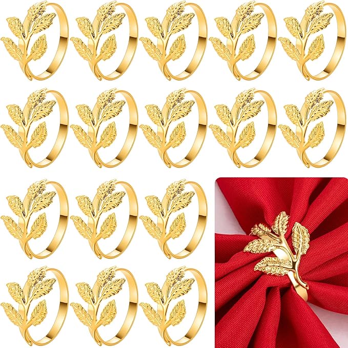 Bokon 50 Pcs Gold Napkin Rings Metal Leaf Napkin Holders Delicate Rings Bulk for Wedding Birthday Party Banquet Decoration(Small Leaves)