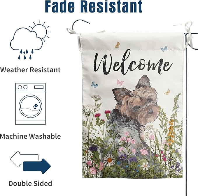 Floral Yorkie Garden Flag Spring Summer Yard Flag Flower Yorkshire Terrier Dog Garden Flags for Outside Small Outdoor Welcome Flags 12x18 Double Sided