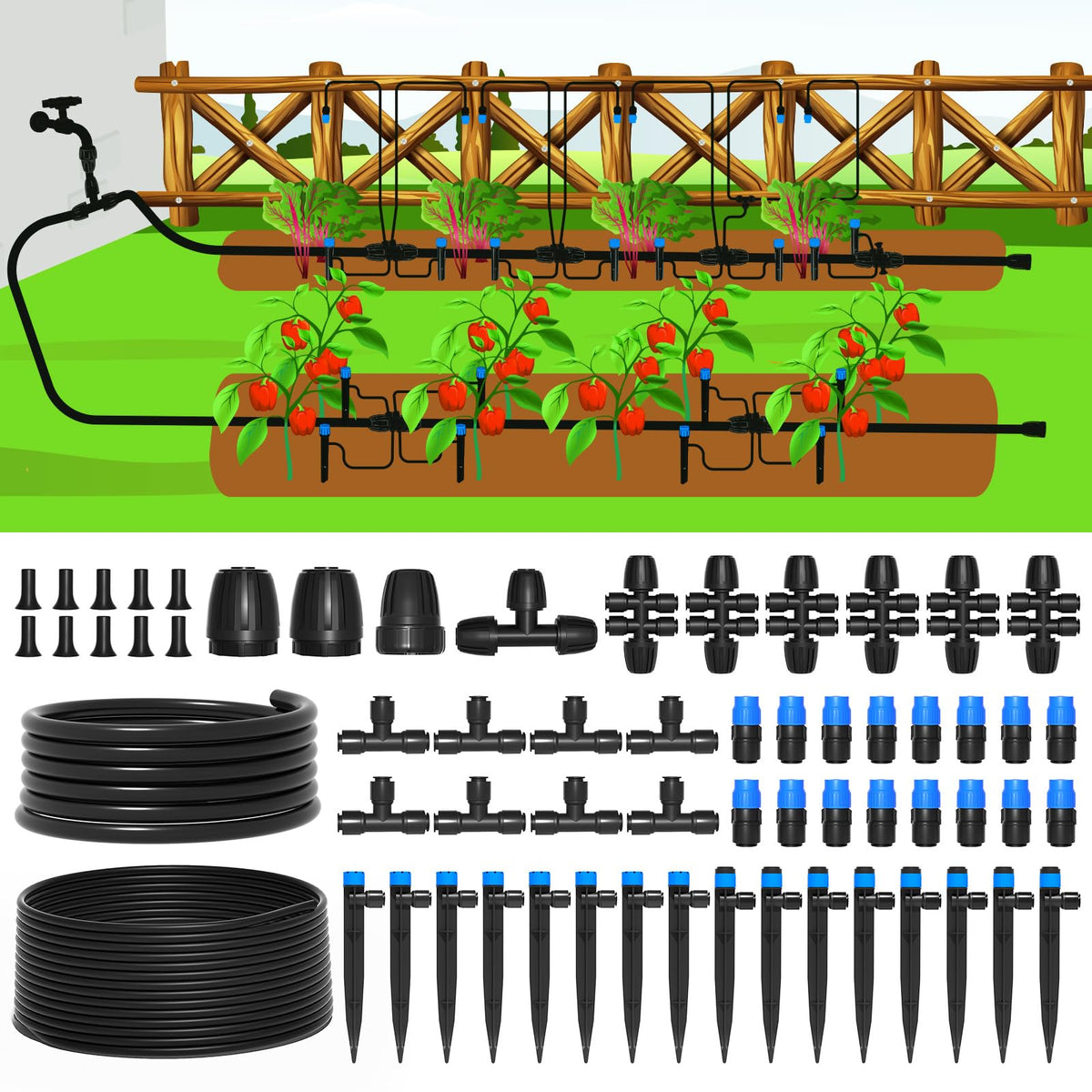MIXC 230FT Quick-Connect Drip Irrigation System Kit, Automatic Garden Watering System with 1/4" & 1/2" Fast-Lock Tubing - Adjustable Nozzles & Sprinklers for Garden, Greenhouse, Lawn, Potted Plants