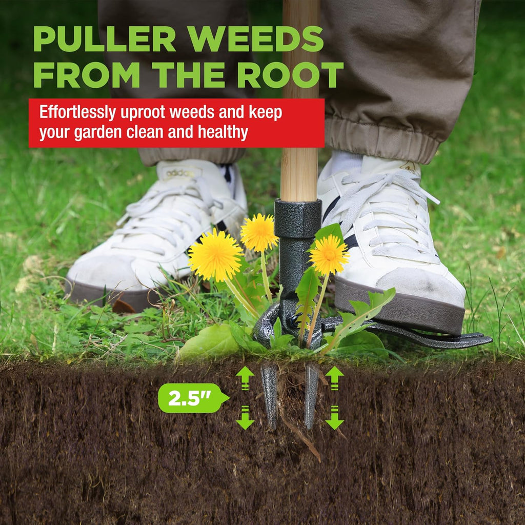 WORKPRO Weed Puller Tool with 44” Bamboo Handle, Heavy-Duty 4-Claw Cast Iron Head, Stand-Up Weeder with Foot Pedal for Dandelions, Thistles, Crabgrass, Easy Root Removal Without Bending or Kneeling
