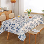 MYSKY HOME Floral Print Rectangle Tablecloth Waterproof Rectangular Table Cloth Linen Farmhouse Tablecloth for Kitchen Dining Spring Leaves Tablecloth for 8 Feet Table，60 x 120 Inches, Blue