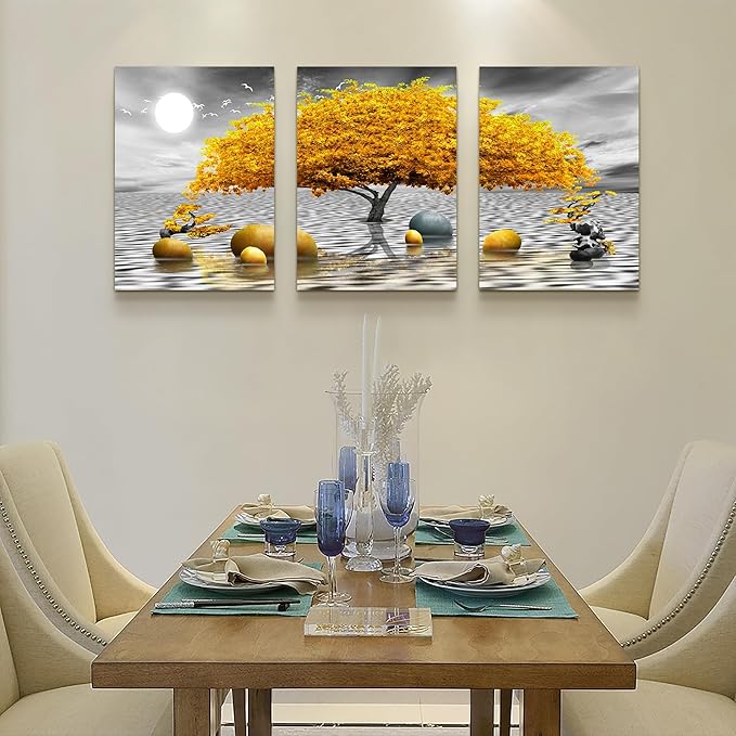 Wall decorations for living room Canvas Wall Art for bedroom Abstract wall decor Black and white Canvas Art Yellow tree paintings bathroom Home Decoration 3 Piece Hang Pictures Office Wall Artworks
