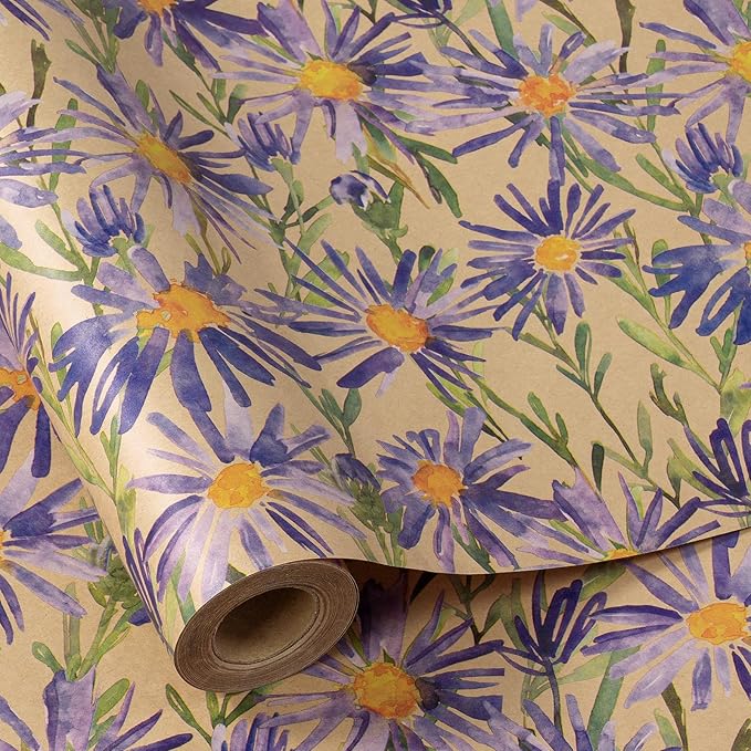 RUSPEPA Purple Floral Wrapping Paper for Women, 17 in x 16.4 ft, Mini Roll, Watercolor Flower Kraft Paper, Daisy Wrapping Paper Roll for Girls, Wedding, Birthday and Bridal Shower