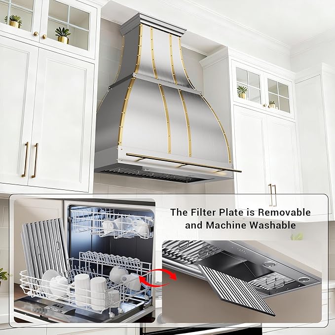 CHETTO C Stainless Steel Range Hood Cover with Quiet Vent Hood Insert Custom Handcrafted Metal Kitchen Fan with Towel Rack LED Light 30"W x24"D x42"H Brushed Stainless Steel Wall Mount