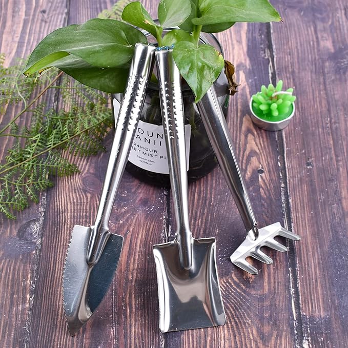 3 Pieces Mini Garden Tools Set, Stainless Steel Shovel Rake Spade Gardening Kit Lightweight Hand Trowel Transplant Trowel Hand Rake for Loose Succulents Potted Flower Seedling Soil