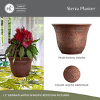 The HC Companies Sierra Round Self-Watering Pot - Lightweight Plastic Planter for Herbs & More - Durable Plant Pots for Indoor Plants & Outdoor Plants (13” Rustic Redstone, Pack of 2)