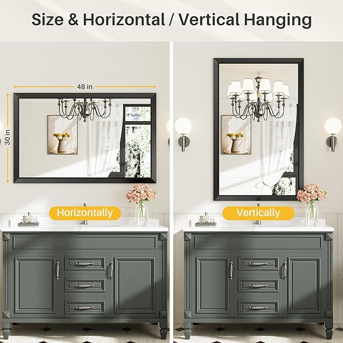48x30 Inch Black Bathroom Mirror for Wall, Thick Metal Framed Rectangle Mirrors for Over Sink, Bedroom, Living Room, Entryway, Anti-Rust, HD Tempered Glass