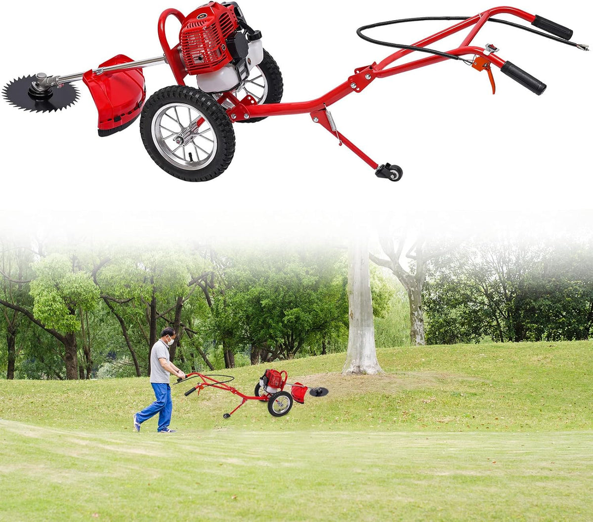 Walk Behind String Trimmer, 1.8KW Hand-Pull 2 Stroke Air-Cooled Single-Cylinder Lawn Mower Gas Powered 49CC 57.1X17.2X27.6 Inch Walk Behind Weed Trimmer for Lawn Garden