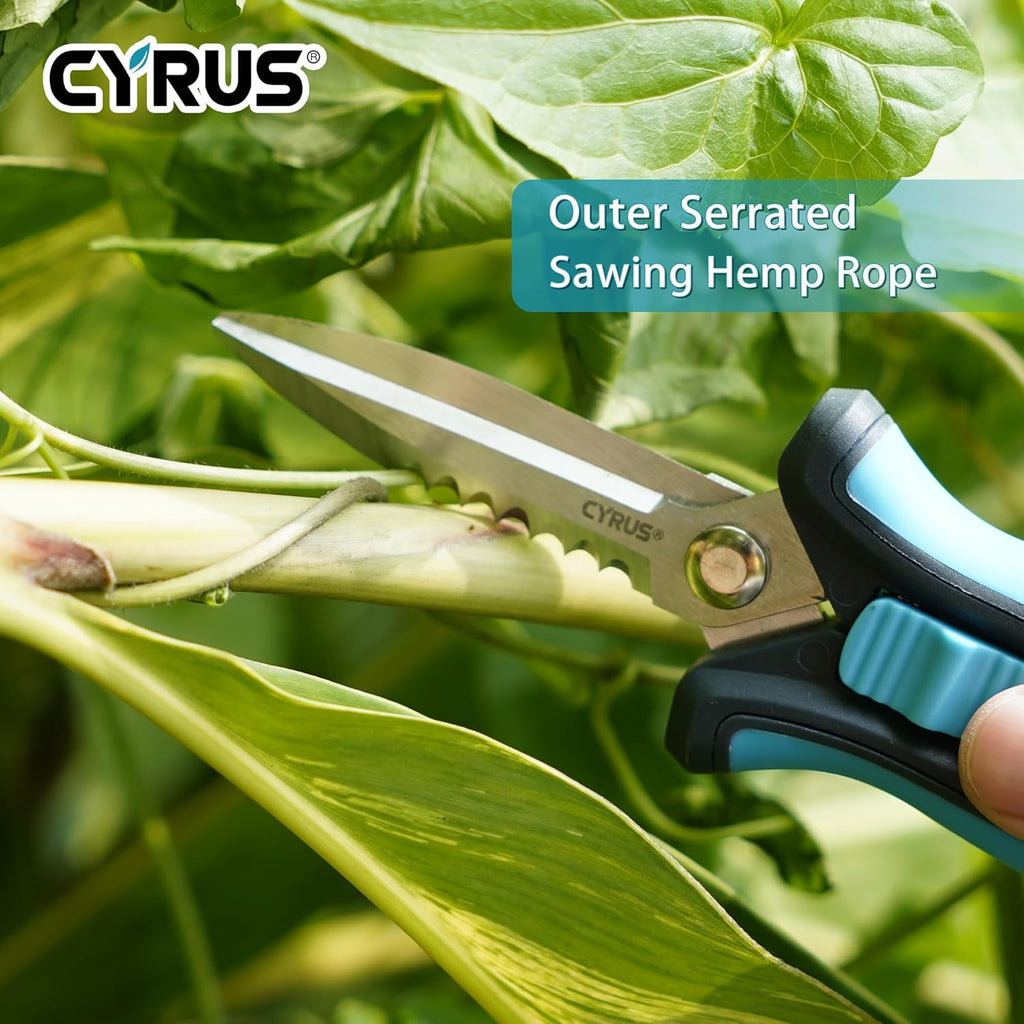 CYRUS Pruning Shears 8" Hand Gardening Scissors Extended Straight Carbon Blades Trimming Precision Bud Scissors with Sharp Serrations Widely Used for Gardening, Hydroponics, Grow Tents-CYRUS