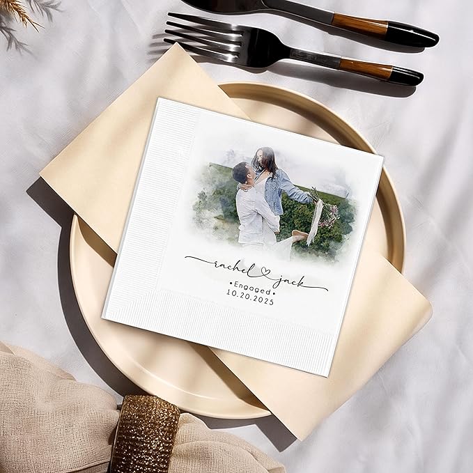 Luxury Personalized Wedding Napkins, Custom Photo Napkins with Text, Custom Engagement Cocktail Napkin, Beverage Luncheon Cocktail Paper, Napkin for Engagement Party, Bridal Shower