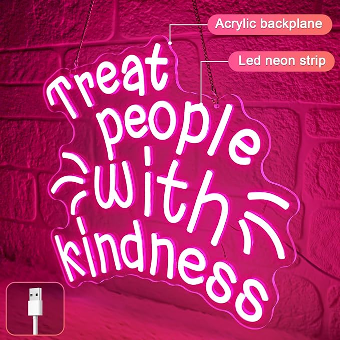 Treat People with Kindness Neon Sign,Pink Led Neon Signs for Wall Decor,Dimmable Inspiring Letter Neon Lights USB Be Kind Light Up Signs for Bedroom Classroom Kids Room,Gift for Boys Girls