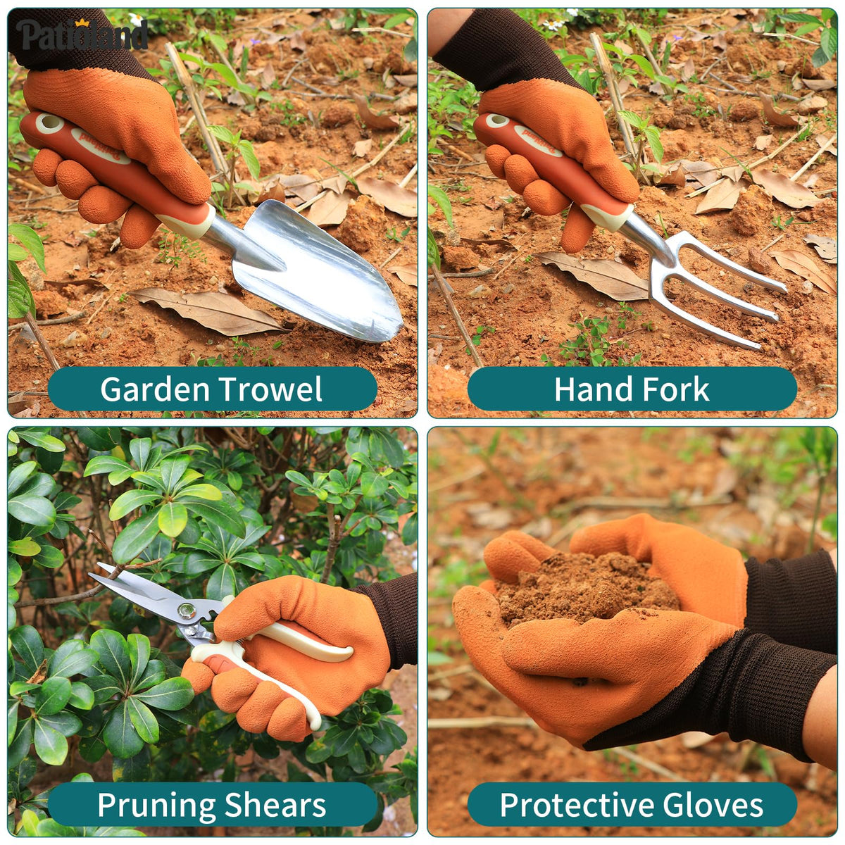 Patioland Brown Garden Tool Set 4-Piece, Trowel, Fork, Pruning Shear&Gloves