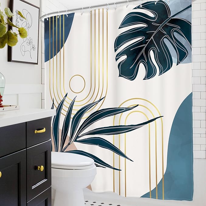 Glawry Boho Navy Blue Shower Curtain Mid Century Abstract Tropical Palm Leaf Modern Minimalist Plant Botanical Bathroom Geometric 60Wx72L Inches Bath Accessories Art Home Decor Fabric 12 Pack Hooks