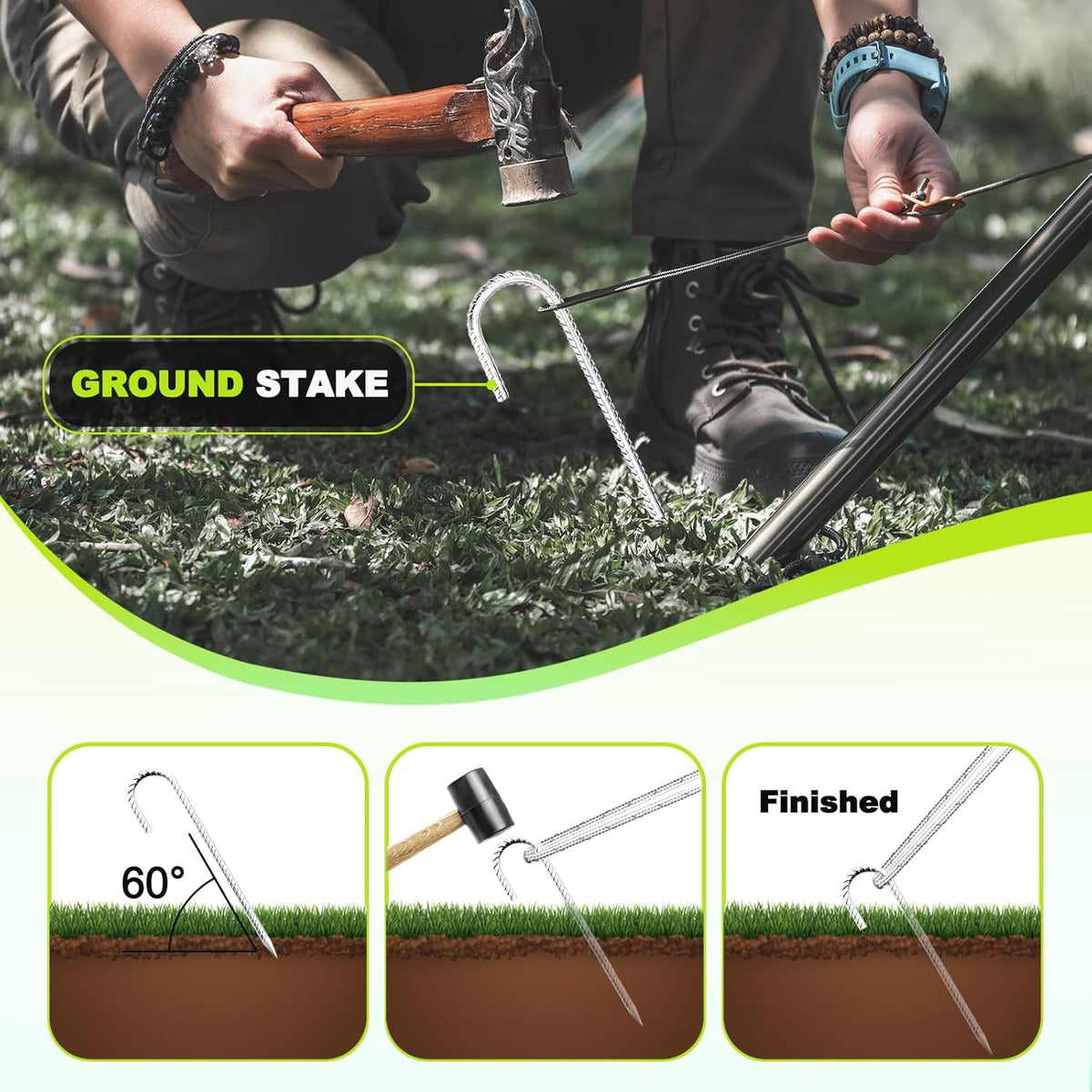 Kadrick Rebar Stakes 12 inch，J Hook Ground Stakes Anchors, 32-Pack White Galvanized Fence Stakes,Heavy Duty 5/16'' Diameter