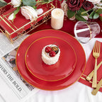 NOCCUR 350PCS Red Plastic Plates - Disposable Red Gold Dinnerware Set for 50 Guests, 100 Dinner/Dessert Plates, 150 Gold Silverware, 50 Cups&50 Napkins for Party/Wedding/Birthday/Christmas
