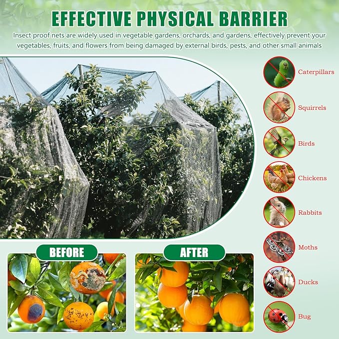 10 X 50 FT Thicker Garden Mesh Netting Pest Barrier for Raised Beds, Black Fruit Tree Netting for Cicadas, Bird Insect Blueberry Bush Strawberry Netting Cover for Garden Protection, Shading Rate 30%