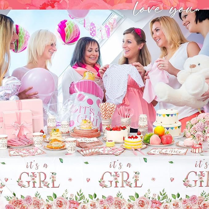 452 Pcs Pink Floral Baby Shower Party Supplies Include It's a Girl Baby Shower Paper Plates Cups Napkins Tablecloth Cutlery Straws for Pink Flower Girl Gender Reveal Birthday Party