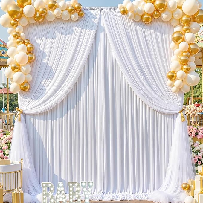 10ft x 15ft White Wrinkle Free Backdrop Curtains for Parties,Silky Polyester Fabric Wedding Ceiling Drapes, 2 Panels 15ft Photo Back Drop Drapes for Baby Shower Photography Stage Background Cloth