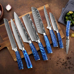 SENKEN 8-Piece Japanese Knife Set - Blue Resin Handle, Laser Damascus Blades - Chef's, Santoku, Bread & Paring Knives