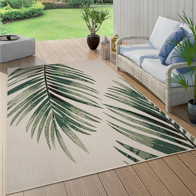 Outdoor Rug Beige Green with Floral Palm Leaf Design Waterproof, Size: 2'8" x 4'11"