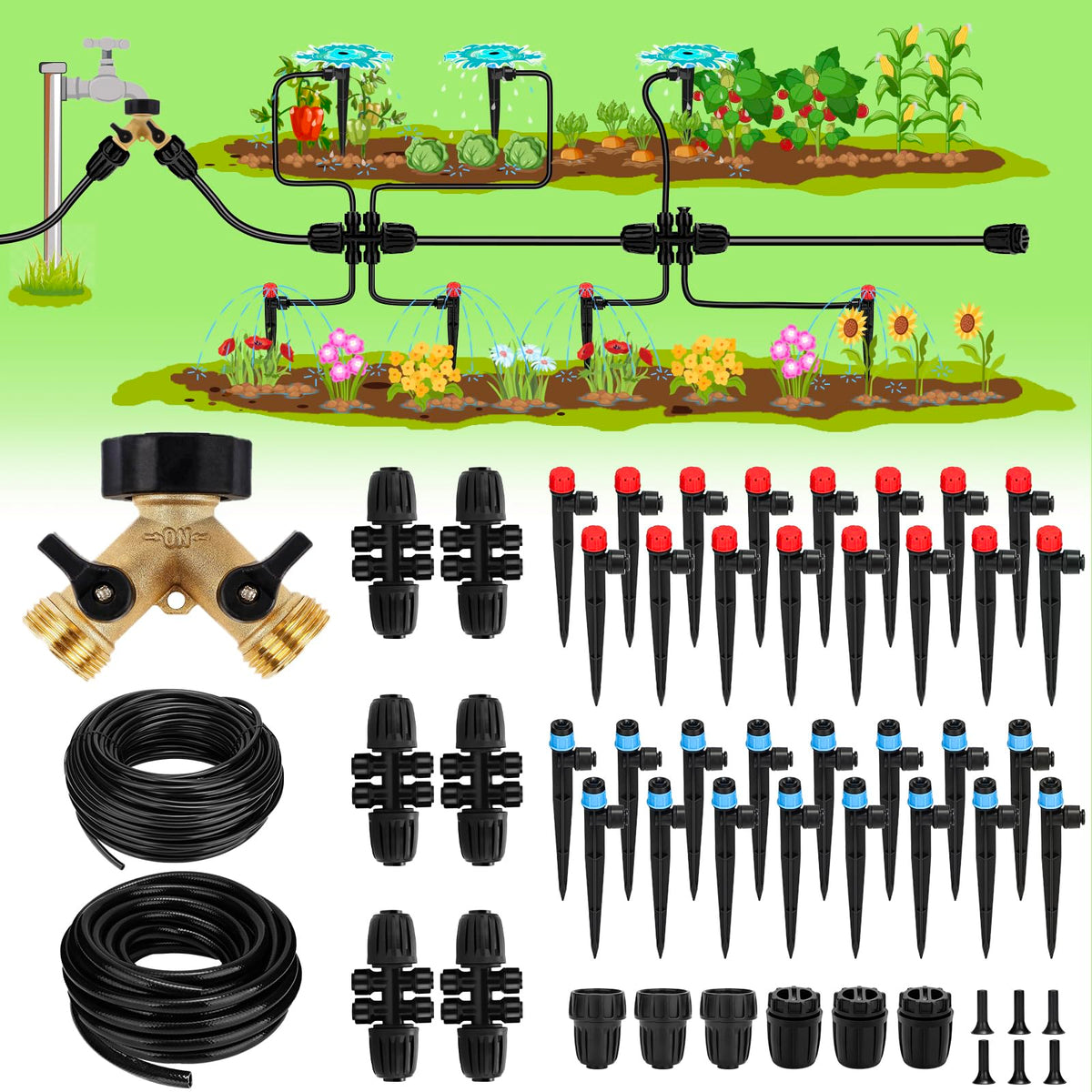 250FT Drip Irrigation System for Garden - 50FT 1/2" Main Tube & 200FT 1/4" Branch Tubing, Brass Splitter, Quick Connect Design, Perfect for Outdoor Plants, Raised Beds, Greenhouses