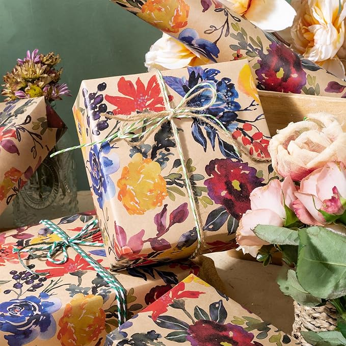 RUSPEPA Watercolor Floral Wrapping Paper, 17 Inches x 16. 4 Feet, Mini Roll, Flower Kraft Wrapping Paper Roll for Women, Girls, Spring, Birthdays, Baby Shower and Bridal Shower