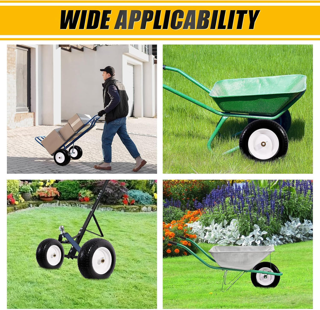 MZREXN 14.5" Wheelbarrow Tire Flat-Free 3.00/3.25/3.50/4.00-8" Solid Tire and Wheel with 3"-7" Centered Hub, 3/4" & 5/8" Bearings Replacement for Hand Truck/Dolly/Utility Cart/Garden Cart 2PCS White
