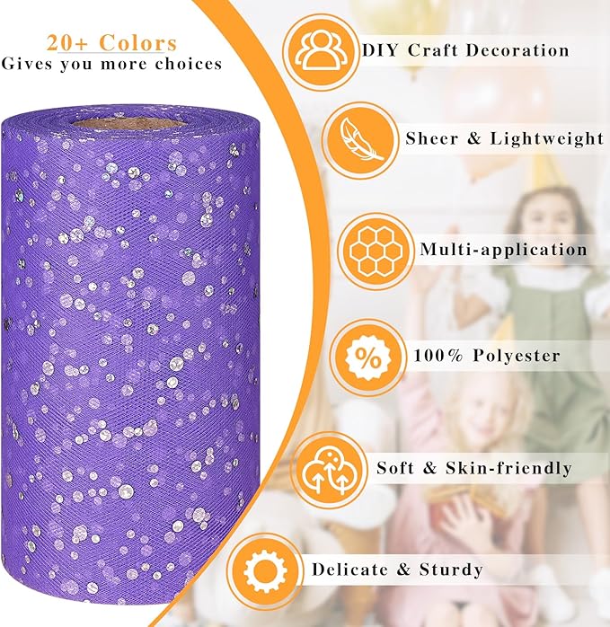 Glitter Tulle Rolls, 6' by 50 Yards (150FT) Sequin Tulle Netting Fabric for Tutu Skirts Sewing Birthday Wedding Party Decoration (Purple)