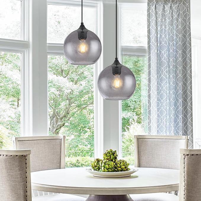 Gray Glass Pendant Lights Kitchen Island Lighting Globe Pendant Light Fixtures Modern Pendant Lighting for Kitchen Island Bedroom Living Dining Room Light Fixture-9.8in,2Pack