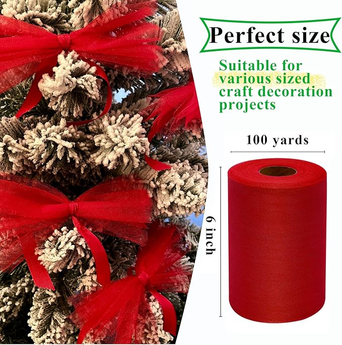 Red Tulle Fabric Rolls 6 Inch by 100 Yards (300 feet) Fabric Spool Tulle Ribbon for Christmas Gift Wrapping DIY Tutu Bow Baby Shower Birthday Party Wedding Decorations Craft Supplies