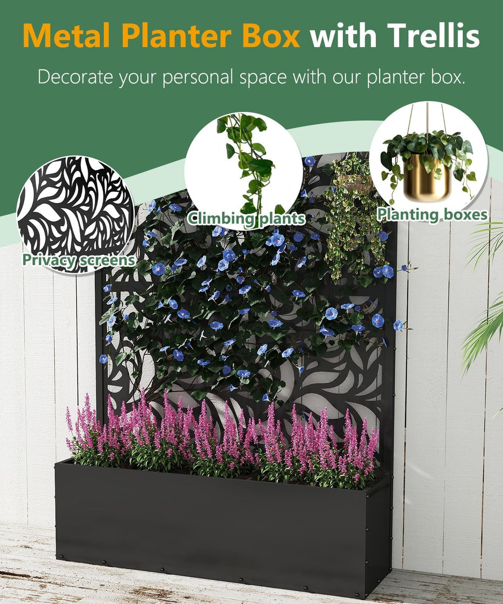 Metal Planter Box with Trellis,70.9"x47.2"x15.7" Raised Garden Bed with Drainage Holes, Privacy Planters for Outdoor Garden Bed for Climbing Plants,Vegetables,and Vines, Black-Flower