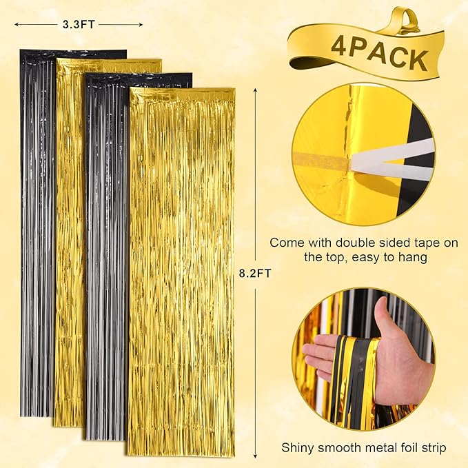 4 Pack Black and Gold Foil Fringe Backdrop Curtains, Tinsel Streamers Birthday Party Decorations, Fringe Backdrop for Graduation, Baby Shower, Gender Reveal, Disco Party