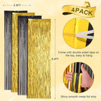 4 Pack Black and Gold Foil Fringe Backdrop Curtains, Tinsel Streamers Birthday Party Decorations, Fringe Backdrop for Graduation, Baby Shower, Gender Reveal, Disco Party