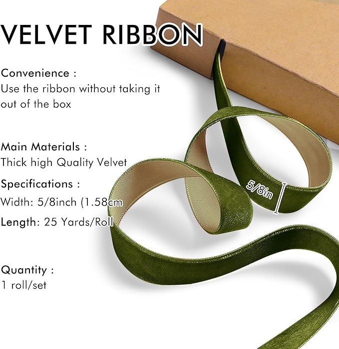 Olive Green Velvet Ribbon 5/8'' 25 Yards for Christmas Tree, Gift Wrapping, Flower Bouquet, Wreath Decorations, Bow Making
