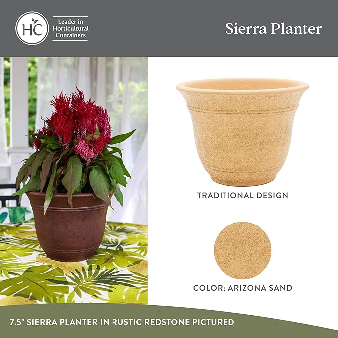 The HC Companies Sierra Round Self-Watering Pot - Lightweight Plastic Planter for Herbs & More - Durable Plant Pots for Indoor Plants & Outdoor Plants (10” Arizona Sand, Pack of 1)