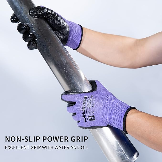 MANUSAGE Safety Work Gloves - Protective Glove for Men & Women - Ultrathin Hand Protection - For Construction, Gardening, Landscaping - Purple - Size XL - 6 Pairs