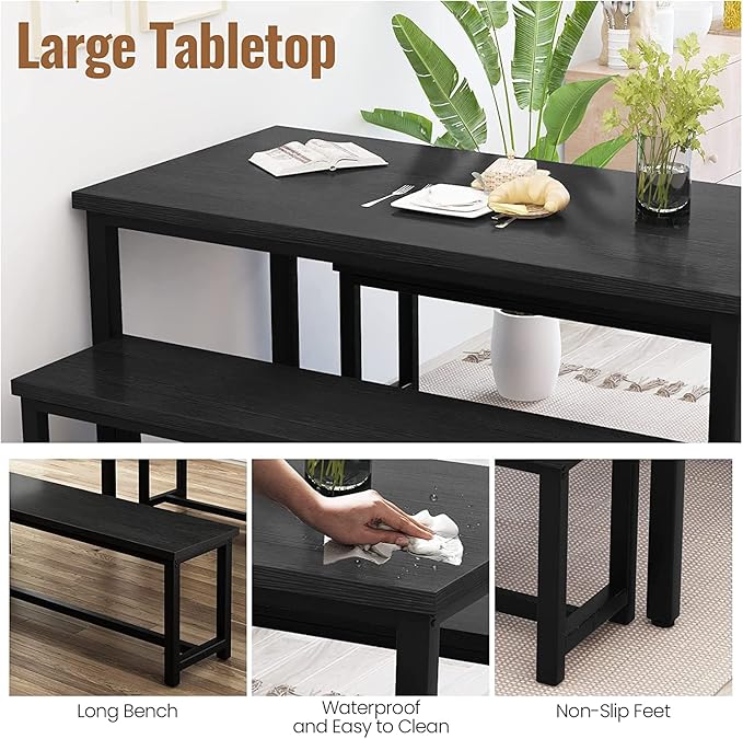 Dining Room Table Set with 2 Benches, Farmhouse Dining Table Set for 4-6, Wood Breakfast Table Set Dinner Table Set Kitchen Table and Chairs for Breakfast Nook Small Spaces, Black