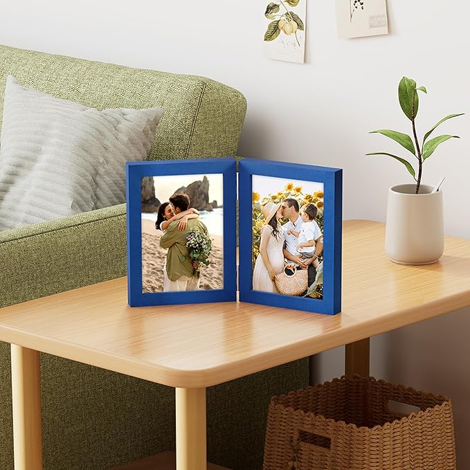 decorUhome Double 5x7 Picture Frame Vertical, Engineered Wood Bifold Photo Frame with Plexiglass for Tabletop Display, 5x7, Royal Blue