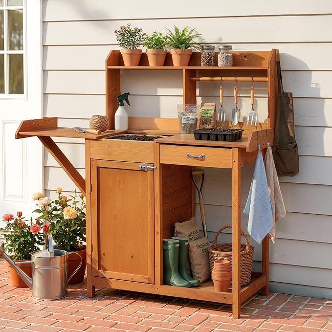 OOOK Potting Bench, Nordic Scots Pine Potting Table with Sink and Storage Shelves, Garden Bench, Workstation for Outside Patio Lawn, Wooden Garden Work Station