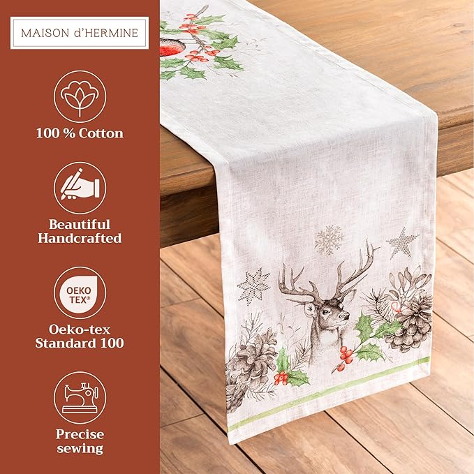 Maison d' Hermine Table Runner 100% Cotton Single Layer Table Runners 72 inches Long for Thanksgiving Christmas Decorations Home Kitchen Dining Party Wedding (Christmas Dew, 14.5" x 72")