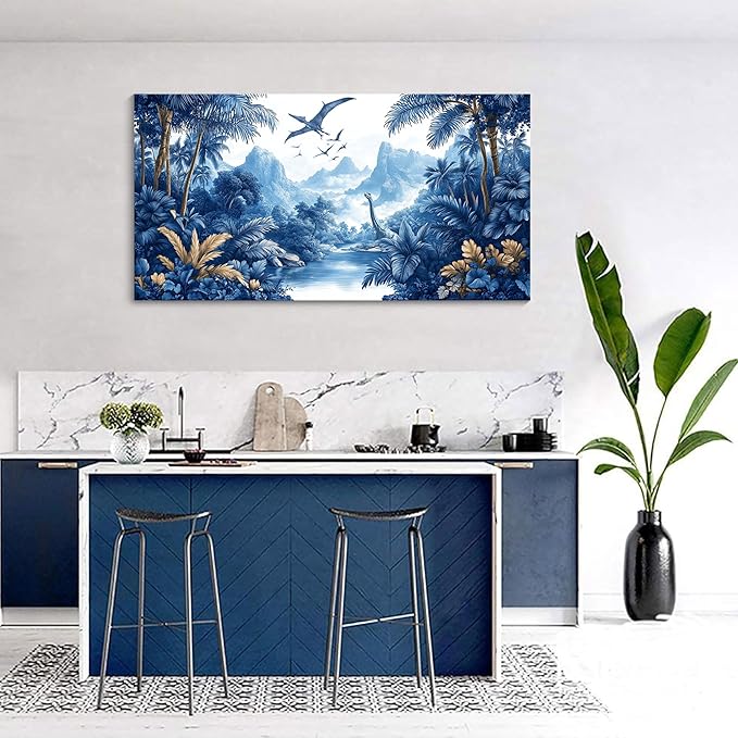 HKDGOKA Jurassic Dinosaurs Wall Art, Large Mountains Tree Landscape Wall Painting Blue Forest Canvas Print Artwork for Boy Bedroom Living Room Classroom Cool Modern Home Decor 29x58 IN