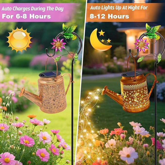 VOOKRY Solar Lights Outdoor Waterproof, Hummingbird Retro Metal Solar Watering Can Lights, Gifts for Women Mom Grandma Mother's Day, Hanging Lantern Decorative Garden Decor for Outside Yard Lawn Patio