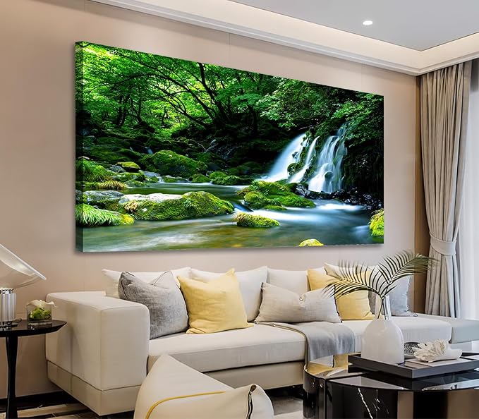 arteWOODS Waterfall Canvas Wall Art Living Room Decoration Large Nature Picture Artwork Modern Landscape Painting Green Forest Prints for Kitchen Office Wall Decor Home Decorations 29" x 58"