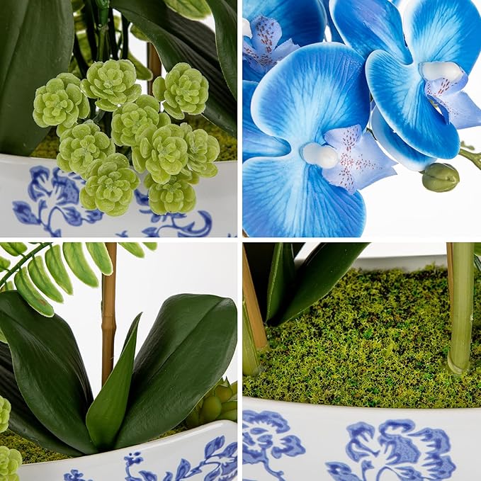 Briful Blue Orchid Artificial Flowers 18in Fake Orchid Silk Flowers with Blue and White Ceramic Pot Faux Orchid Arrangement for Home Office Room Dining Table Centerpiece Modern Decor