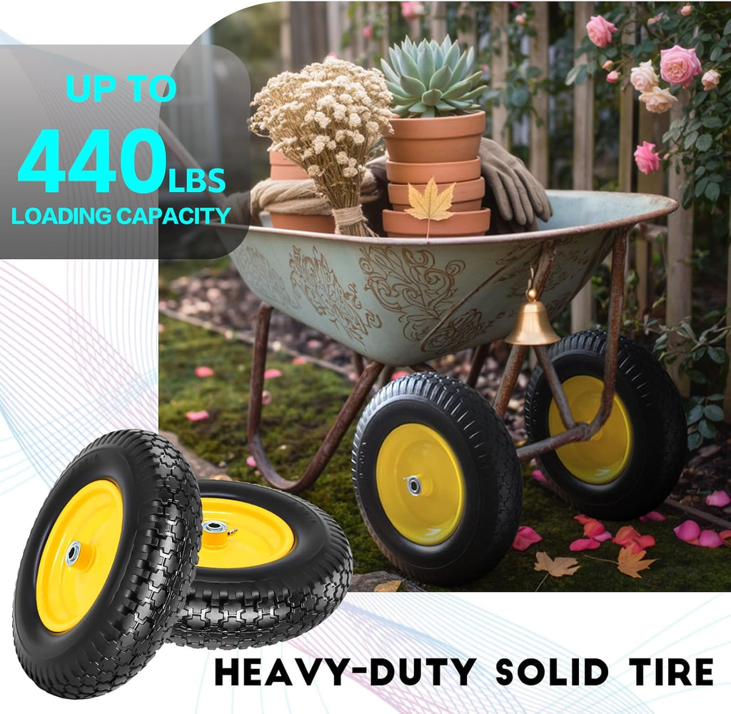 16" 4.80/4.00-8" Flat-Free Solid Wheelbarrow Wheel and Tire, 3"-7"Centered Hub with 5/8"&3/4" Bearings for Wheelbarrows Utility Cart Lawn Dollies